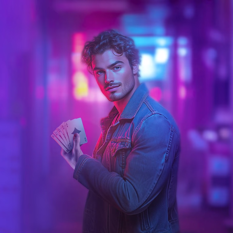 Man holding a hand of cards in a neon casino hallway – WinPlaceCasino payment section visual.