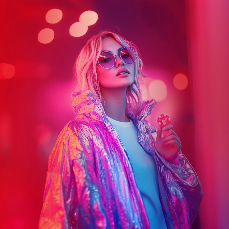 Young woman in neon pink casino lights at WinPlaceCasino holding a poker chip.
