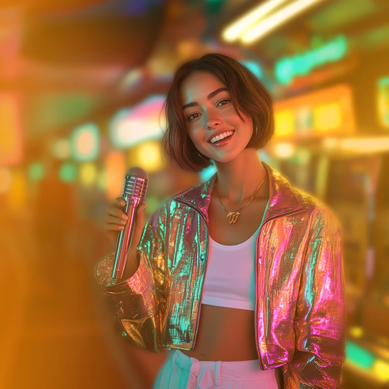 Smiling woman in glowing arcade-style casino environment at WinPlaceCasino.