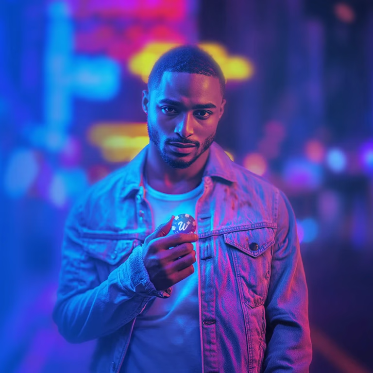 Man in neon blue city lights holding WinPlaceCasino reward token.
