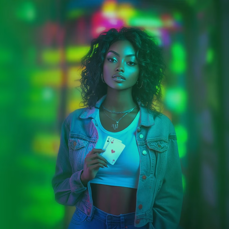 Confident woman holding ace cards in vibrant green casino setting for WinPlaceCasino.